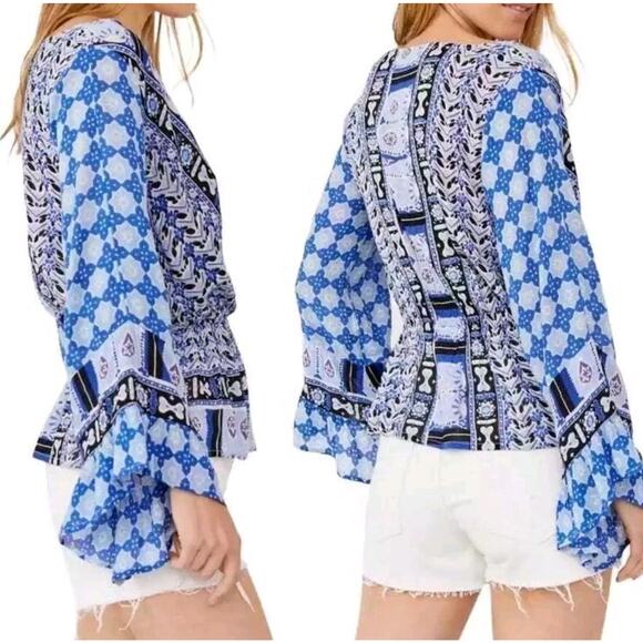 Free People Rosalie Wrap Blouse In Indigo Bell Sleeve V-Neck Blouse Size S - Picture 4 of 13